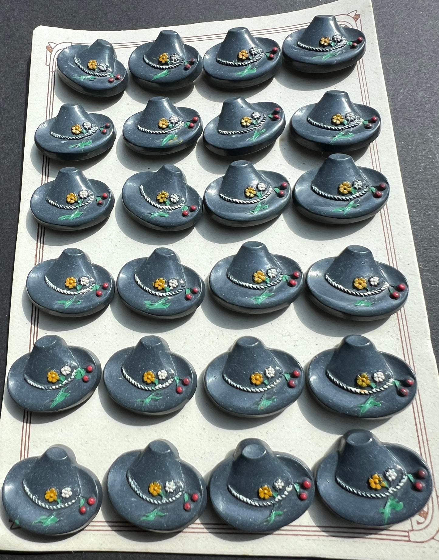 6 or 24 Vintage Grey Hats with Flowers + Cherries Buttons