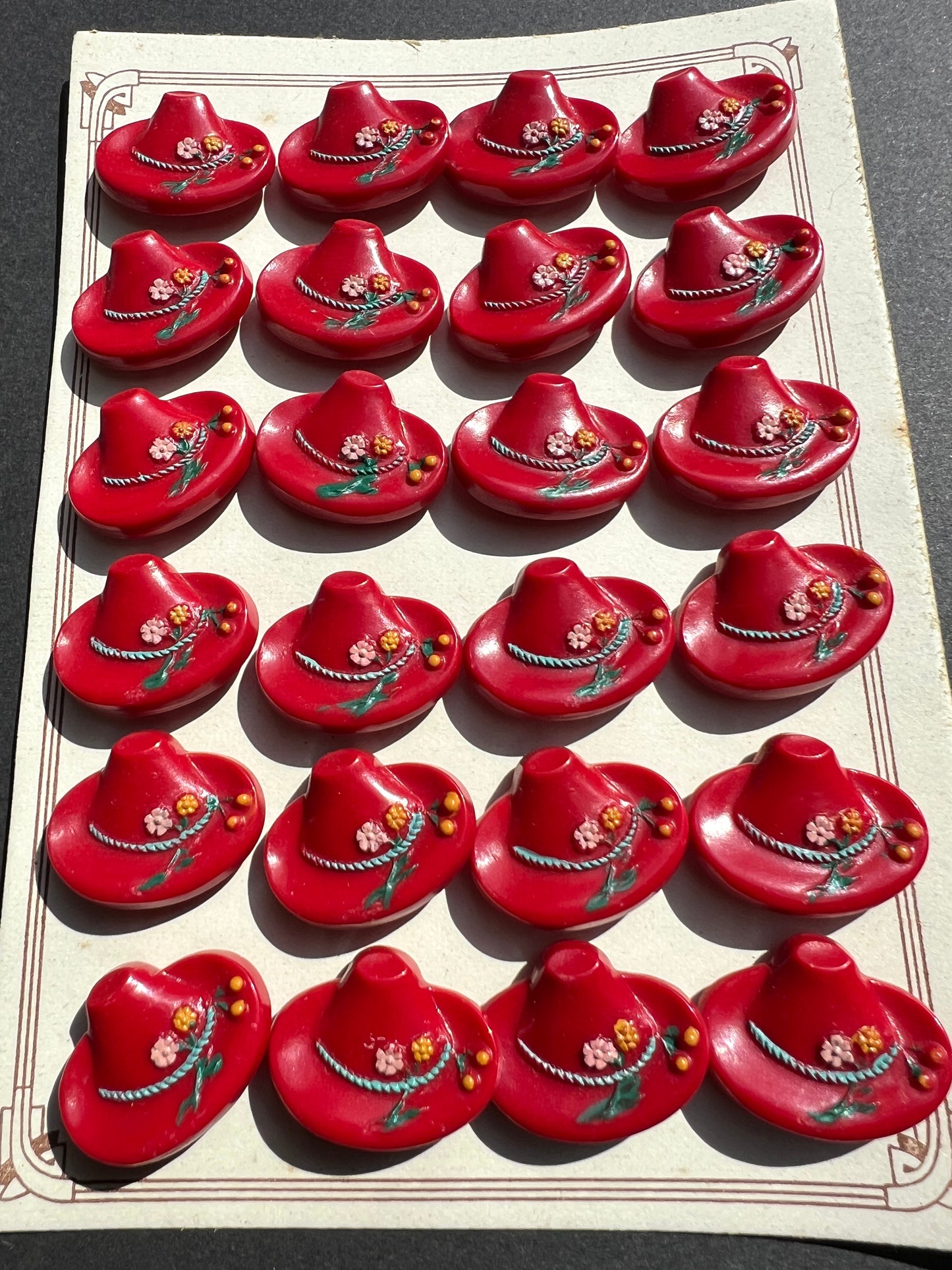 6 or 24 Charming Red Vintage Tyrolean Hats with Flowers + Cherries Buttons -2.5cm wide.
