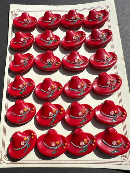 6 or 24 Charming Red Vintage Tyrolean Hats with Flowers + Cherries Buttons -2.5cm wide.