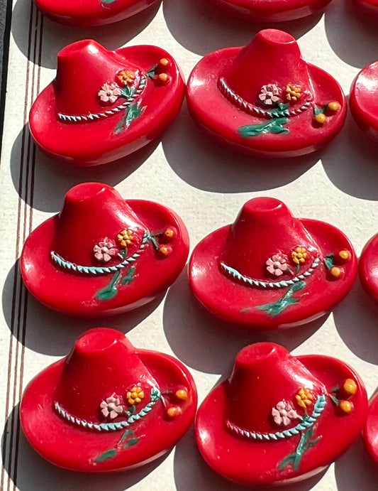 6 or 24 Charming Red Vintage Tyrolean Hats with Flowers + Cherries Buttons -2.5cm wide.