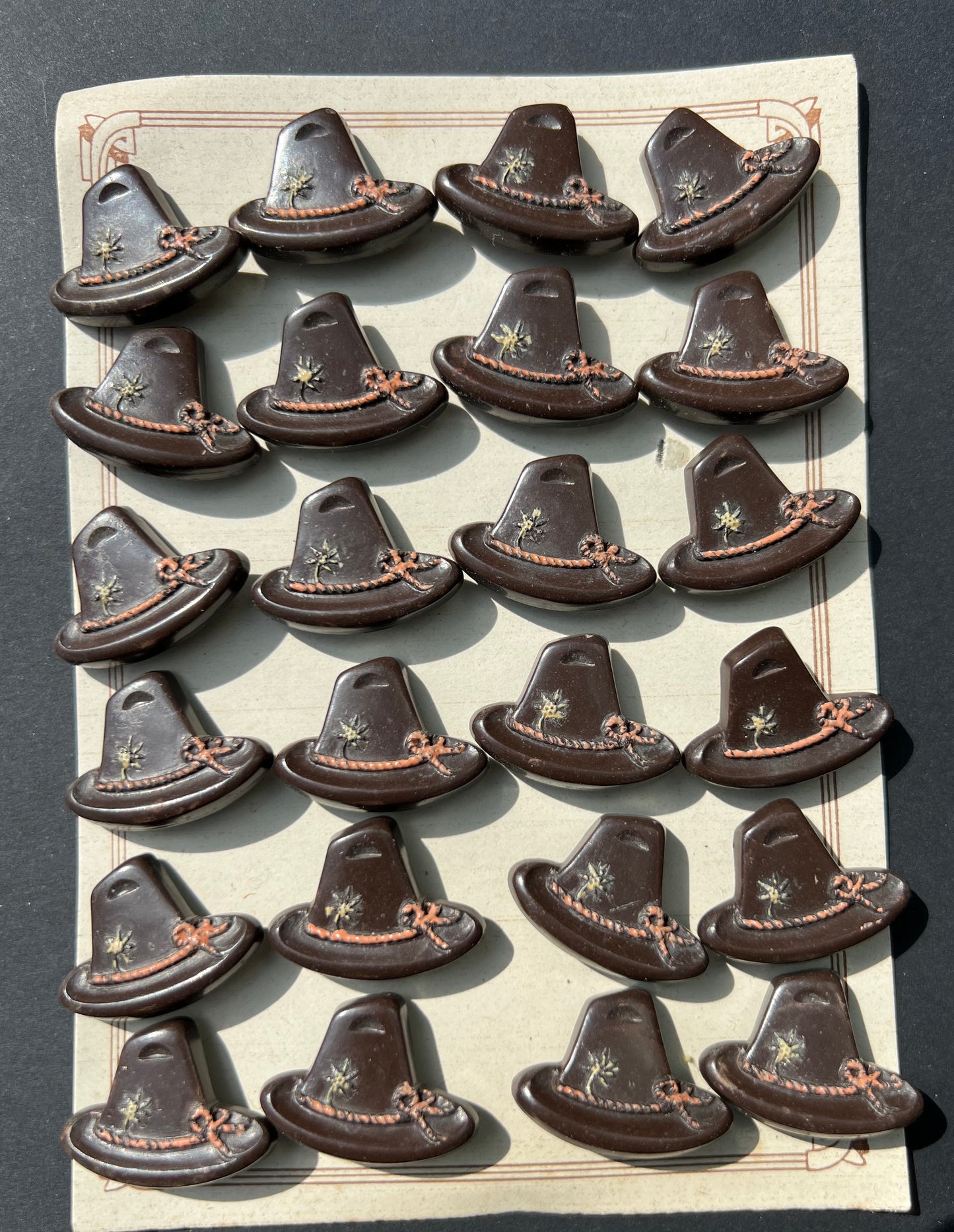 6 or 24 Vintage Italian Tyrolean Hat Buttons - Dark Brown + Pink - 2cm tall 2.8cm wide.