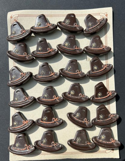 6 or 24 Vintage Italian Tyrolean Hat Buttons - Dark Brown + Pink - 2cm tall 2.8cm wide.