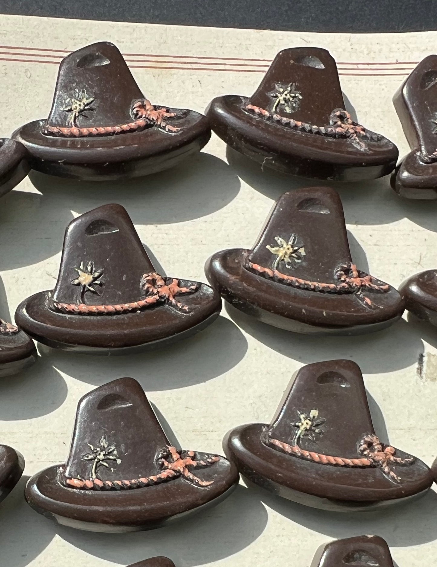 6 or 24 Vintage Italian Tyrolean Hat Buttons - Dark Brown + Pink - 2cm tall 2.8cm wide.