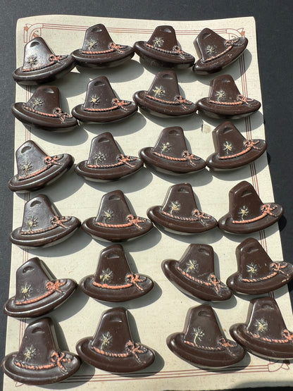 6 or 24 Vintage Italian Tyrolean Hat Buttons - Dark Brown + Pink - 2cm tall 2.8cm wide.