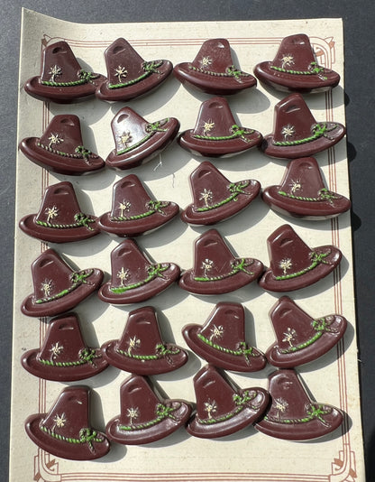 6 or 24 Vintage Italian Tyrolean Hat Buttons - Rich Brown + Green - 2cm tall 2.8cm wide.
