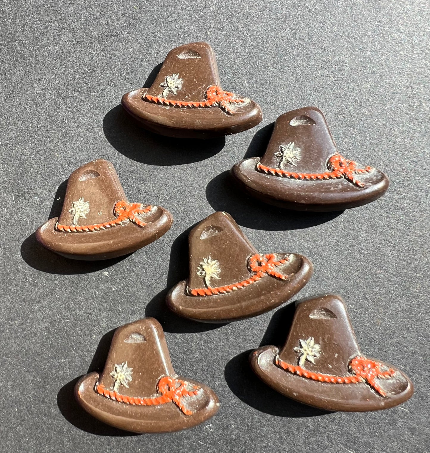 6 Vintage Italian Tyrolean Hat Buttons -Rich Brown + Red - 2cm tall 2.8cm wide.