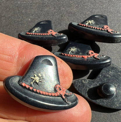 6 Dark Blue/Black + Pink Vintage Italian Tyrolean Hat Buttons - 2cm tall 2.8cm wide.