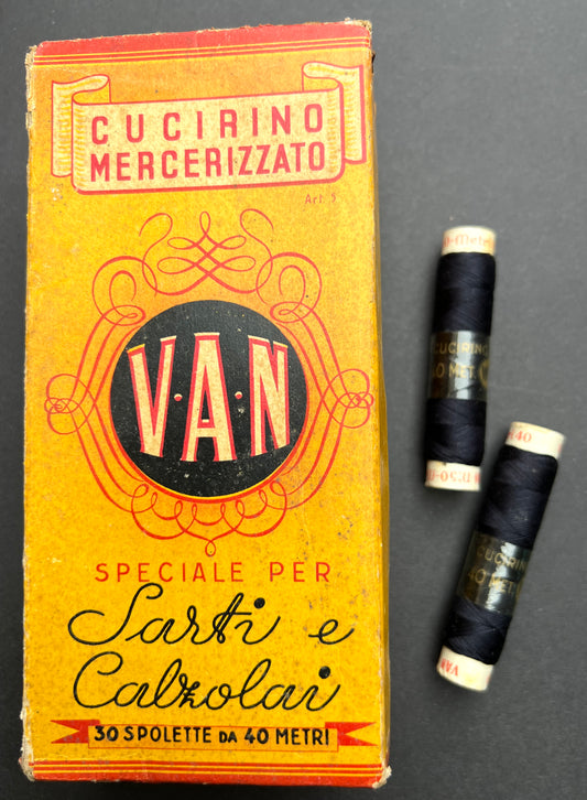 Lovely Vintage Italian Box of 30 spools of 40m Each Black Cotton Thread.