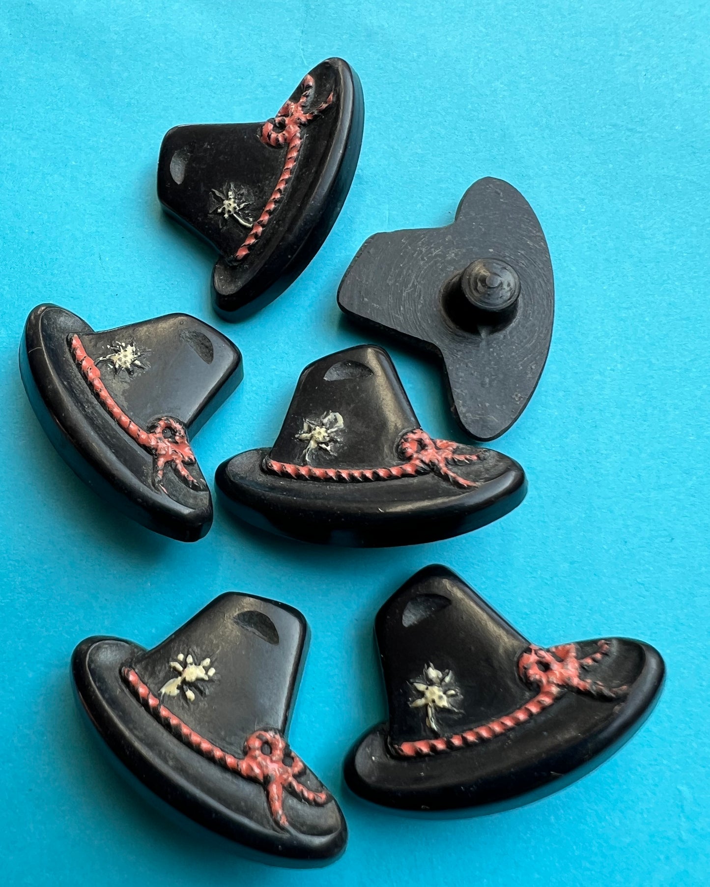 6 Dark Blue/Black + Pink Vintage Italian Tyrolean Hat Buttons - 2cm tall 2.8cm wide.