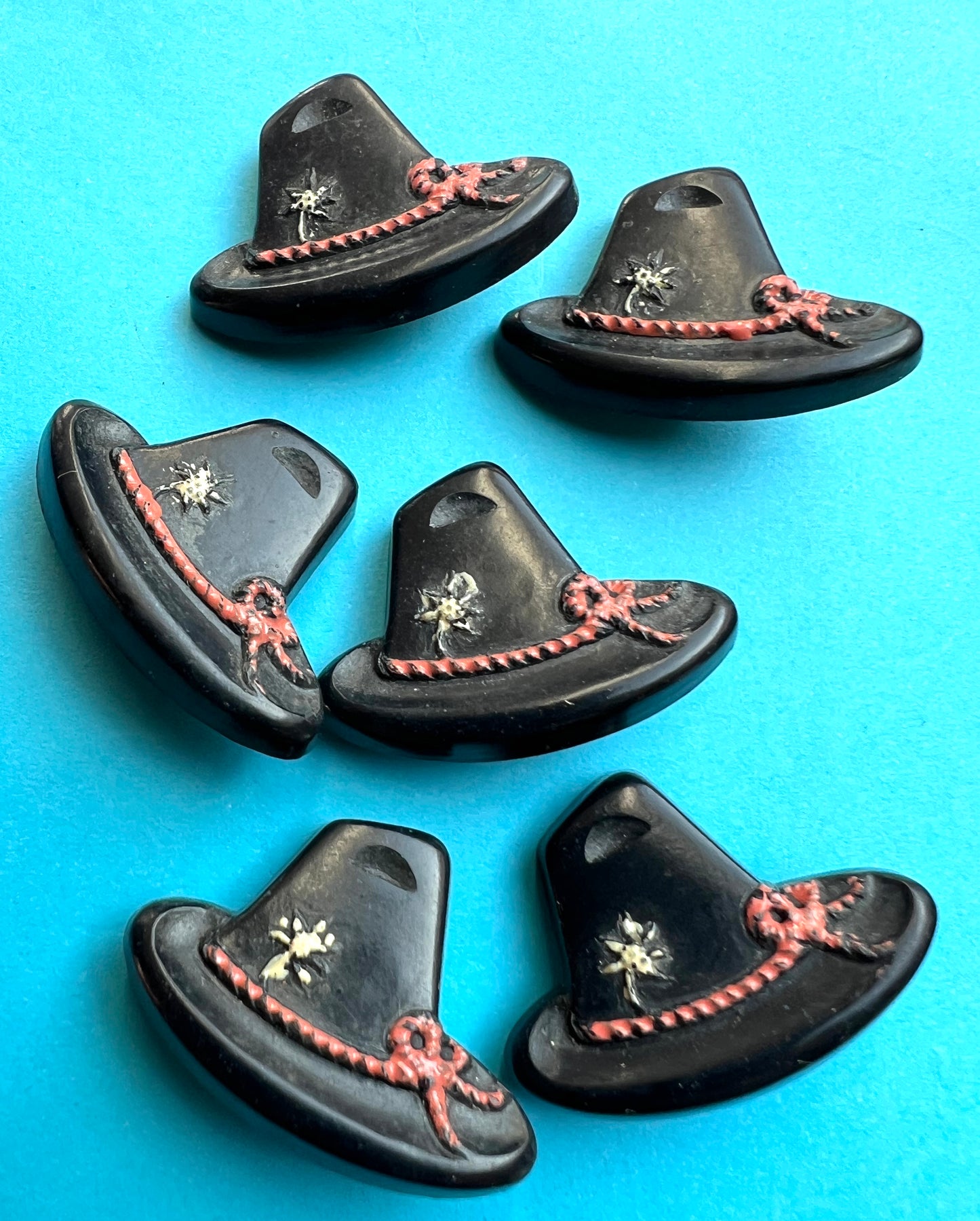 6 Dark Blue/Black + Pink Vintage Italian Tyrolean Hat Buttons - 2cm tall 2.8cm wide.