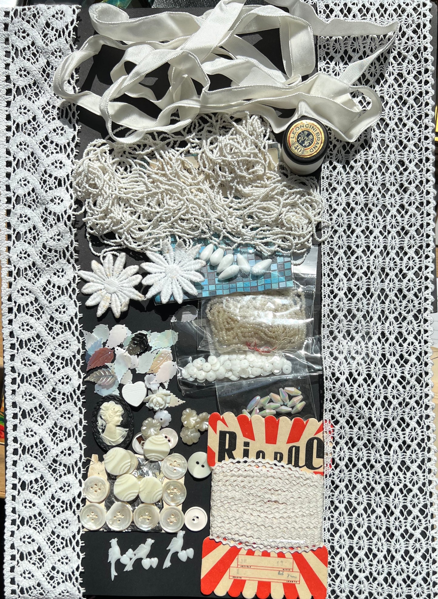 White Vintage Craft Pack Incl. Glass Beads, Feather Sequins, Buttons, Trim, Ribbon, Thread etc