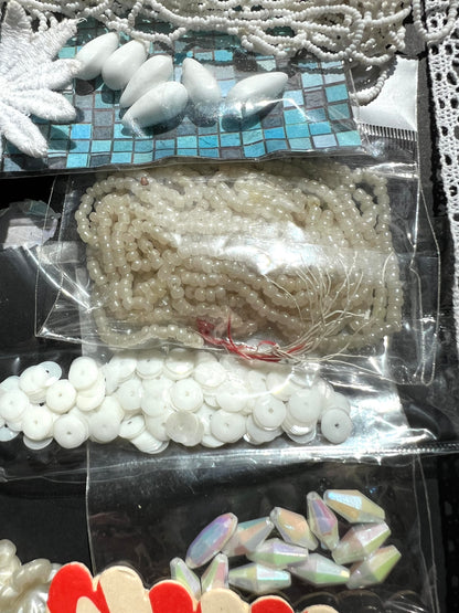 White Vintage Craft Pack Incl. Glass Beads, Feather Sequins, Buttons, Trim, Ribbon, Thread etc