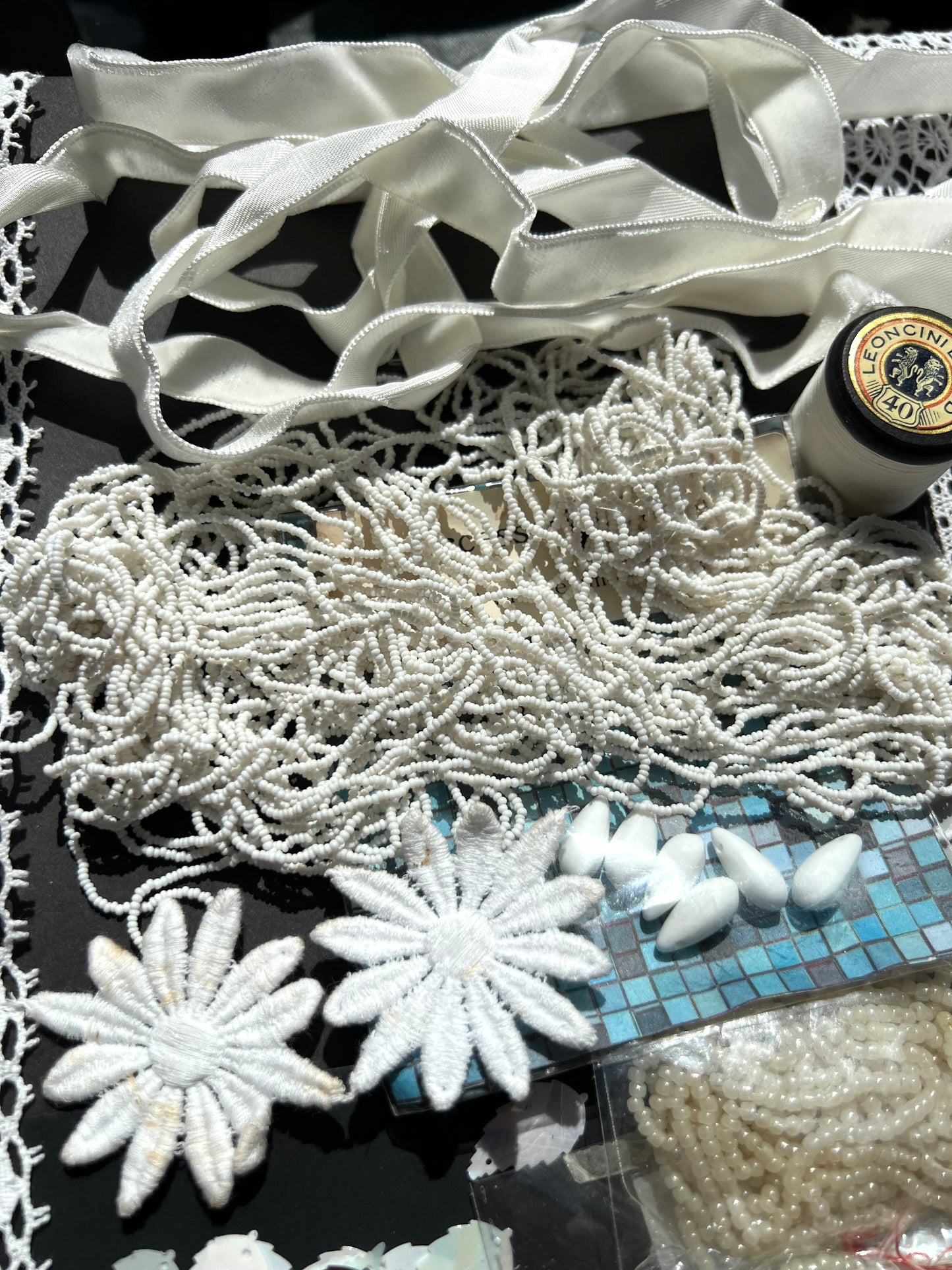 White Vintage Craft Pack Incl. Glass Beads, Feather Sequins, Buttons, Trim, Ribbon, Thread etc