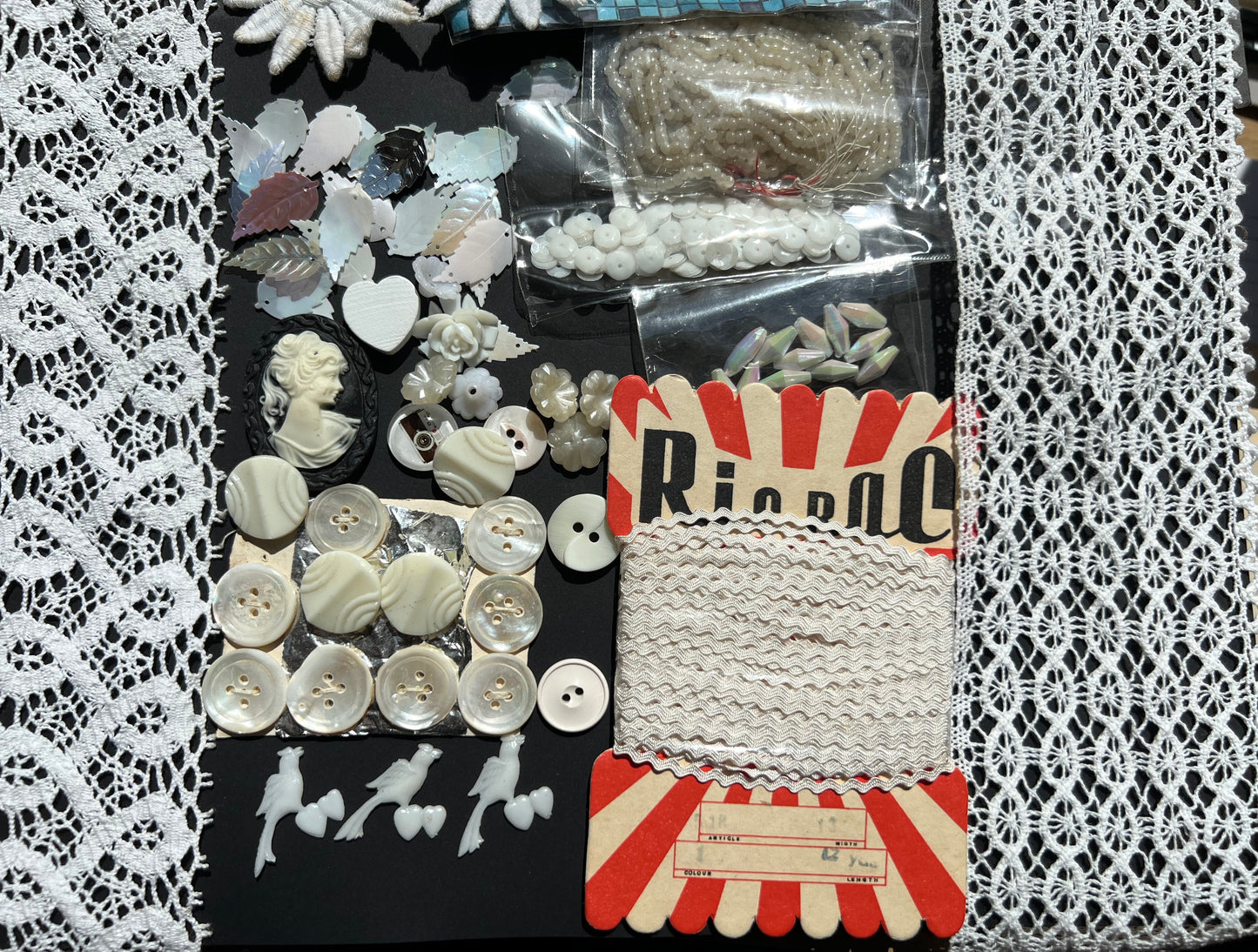 White Vintage Craft Pack Incl. Glass Beads, Feather Sequins, Buttons, Trim, Ribbon, Thread etc