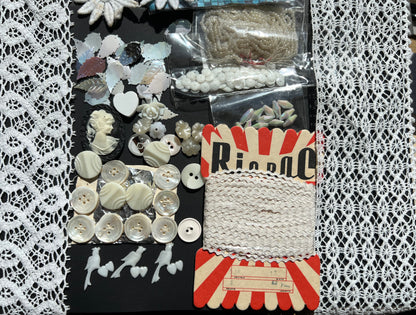 White Vintage Craft Pack Incl. Glass Beads, Feather Sequins, Buttons, Trim, Ribbon, Thread etc
