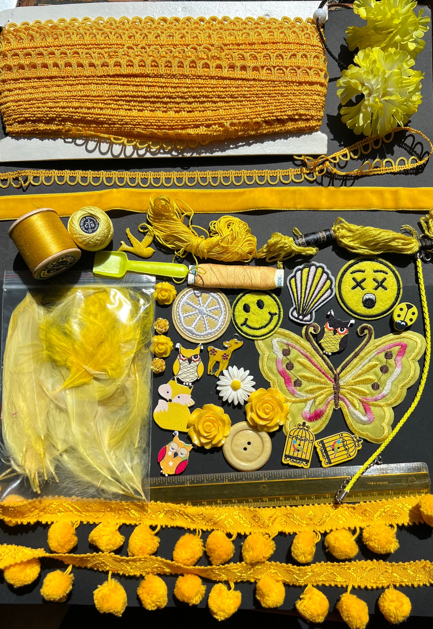 Yellow Vintage Craft Pack Incl.Lots of trims, Thread, Patches and Cabochons