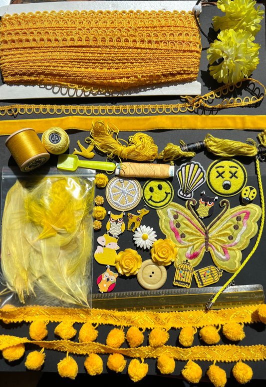 Yellow Vintage Craft Pack Incl.Lots of trims, Thread, Patches and Cabochons