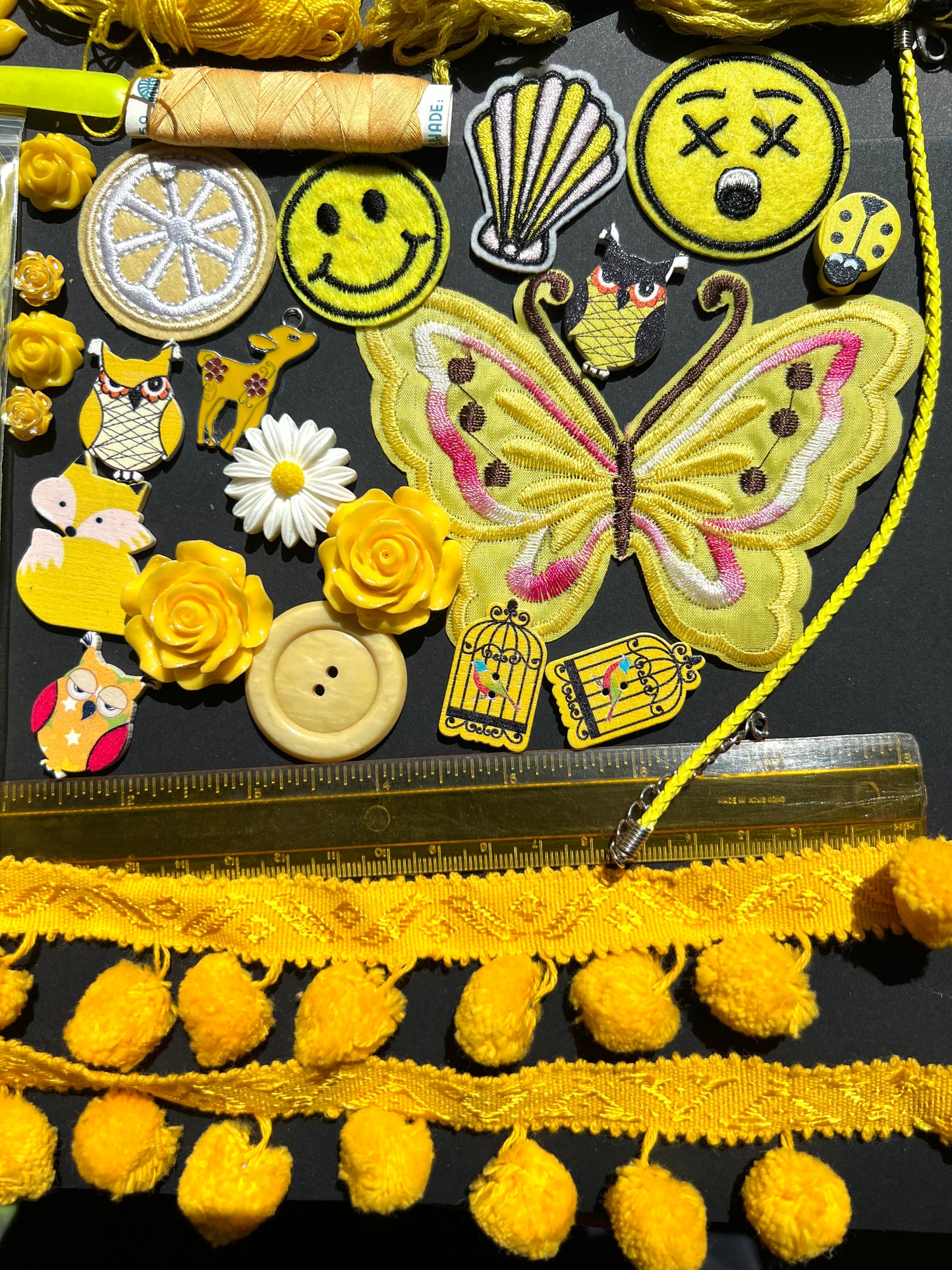 Yellow Vintage Craft Pack Incl.Lots of trims, Thread, Patches and Cabochons