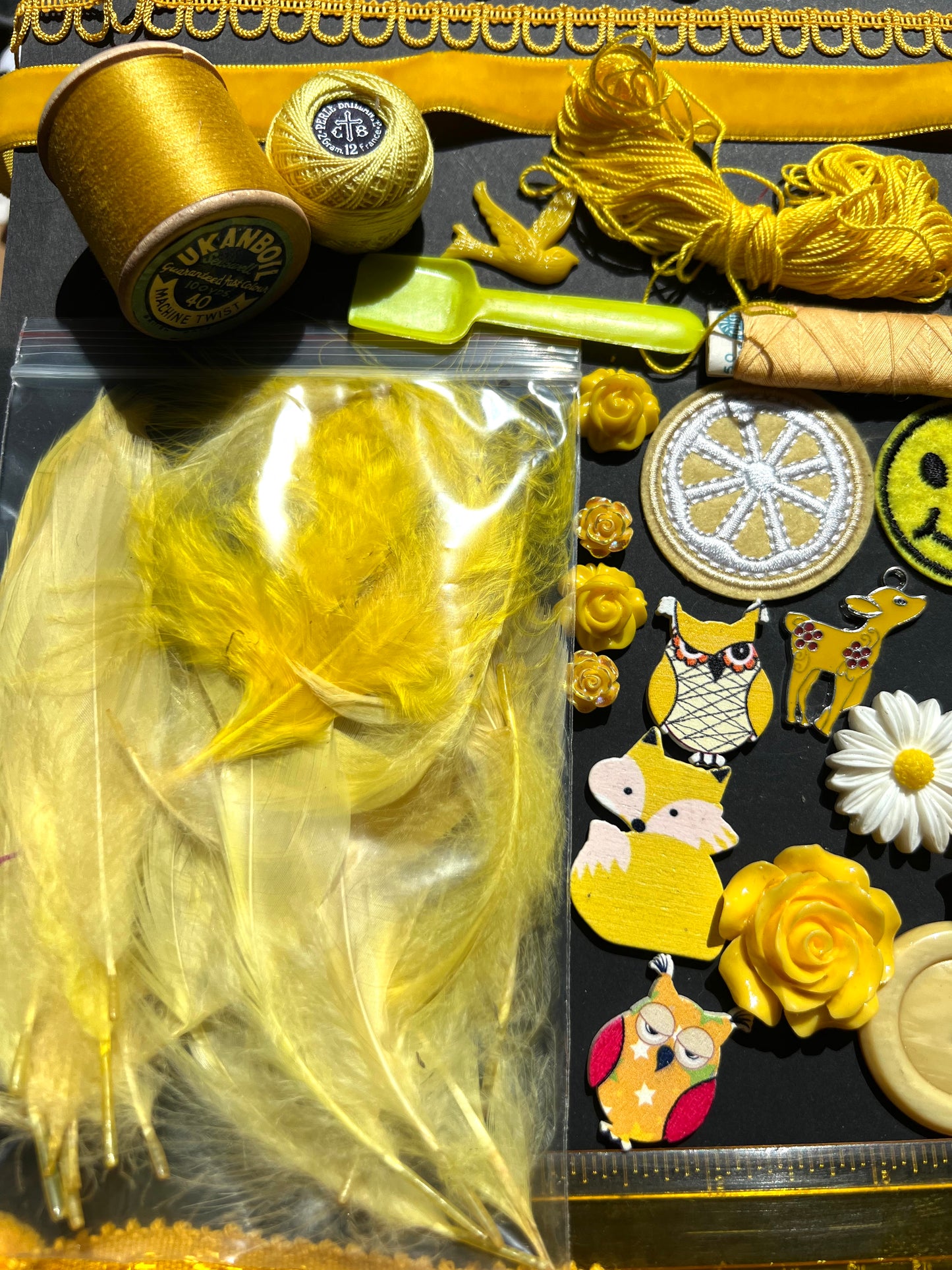 Yellow Vintage Craft Pack Incl.Lots of trims, Thread, Patches and Cabochons