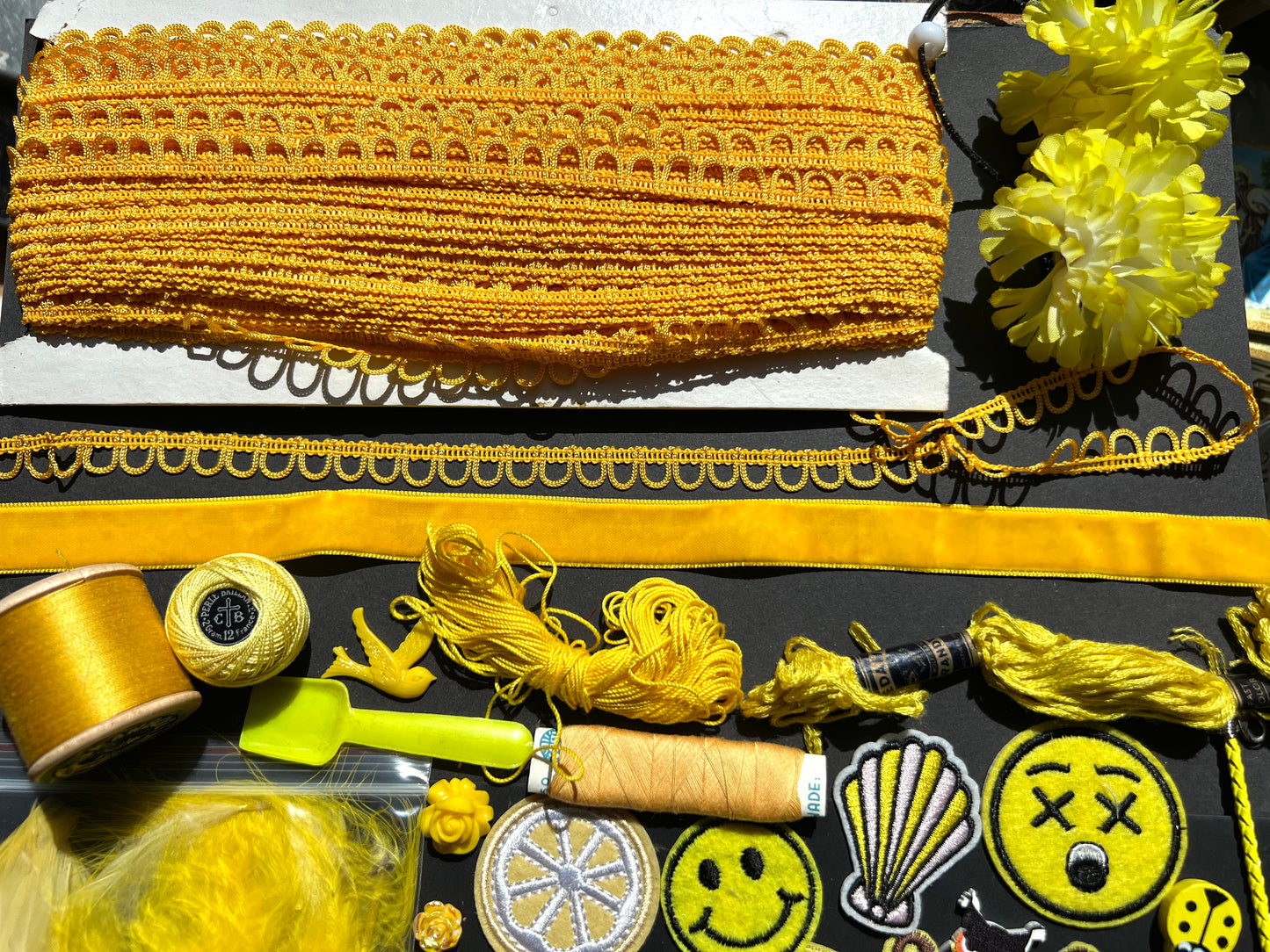 Yellow Vintage Craft Pack Incl.Lots of trims, Thread, Patches and Cabochons
