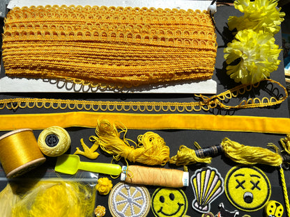 Yellow Vintage Craft Pack Incl.Lots of trims, Thread, Patches and Cabochons