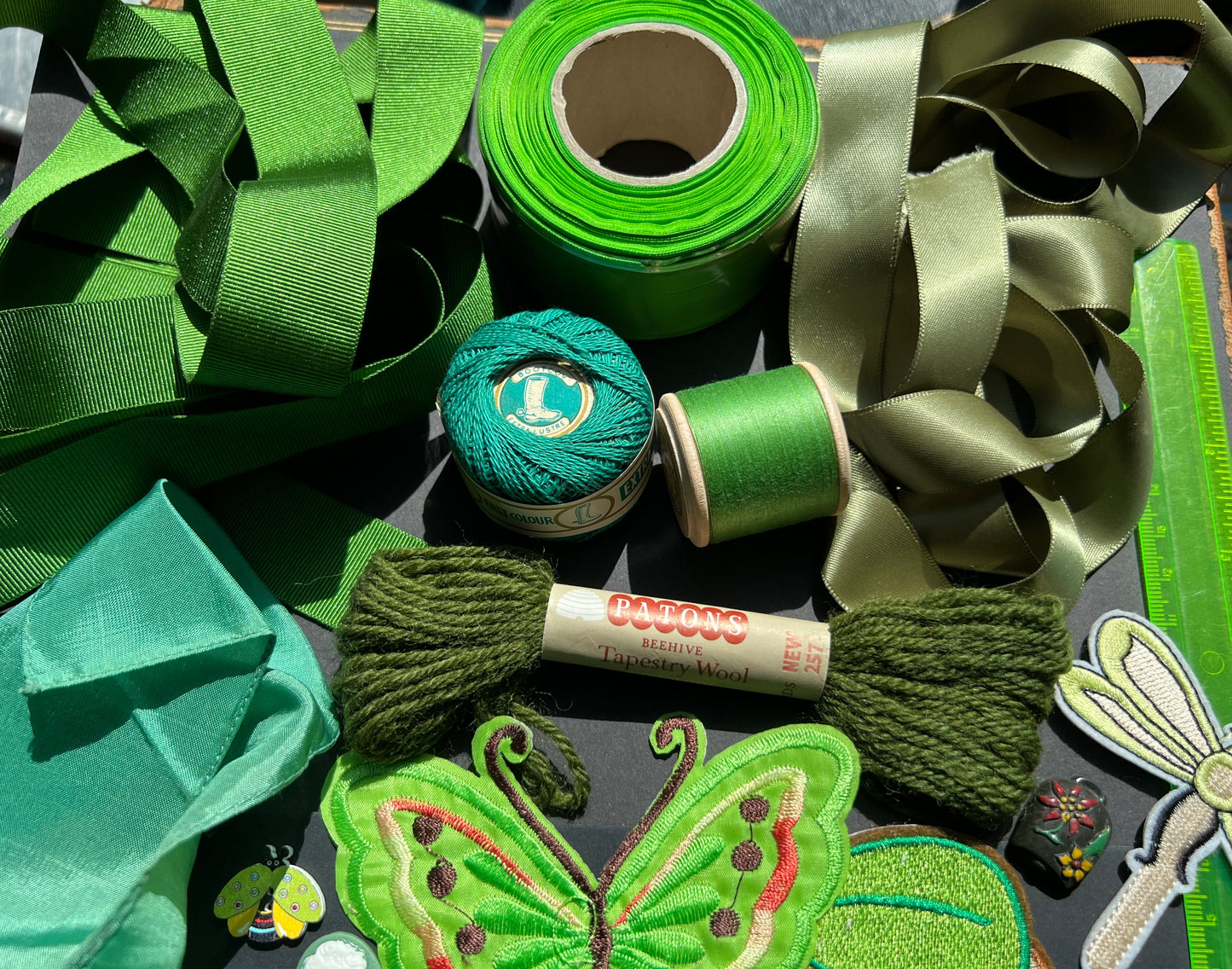 Green Craft Pack Incl. Vintage Swarovski Beads + Cabochons, Ribbon + Thread