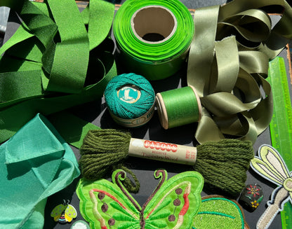 Green Craft Pack Incl. Vintage Swarovski Beads + Cabochons, Ribbon + Thread