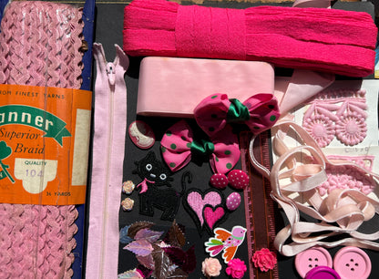 Pink Vintage Craft Pack Incl.Lots of Trim, Ribbon, RicRac, Patches, Cabochons, Feather Sequins Etc