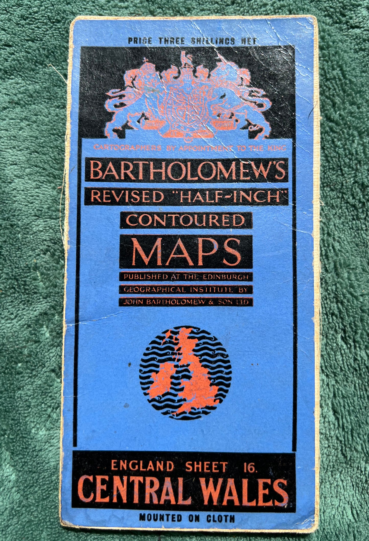 1925 Bartholomew's Half Inch Contoured Map of CENTRAL WALES Sheet 16