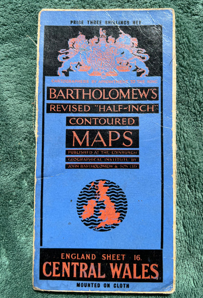 1925 Bartholomew's Half Inch Contoured Map of CENTRAL WALES Sheet 16