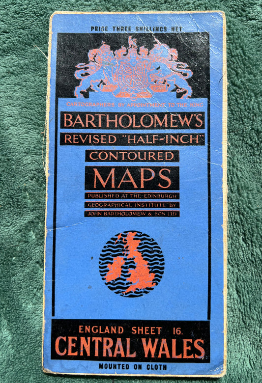 1925 Bartholomew's Half Inch Contoured Map of CENTRAL WALES Sheet 16