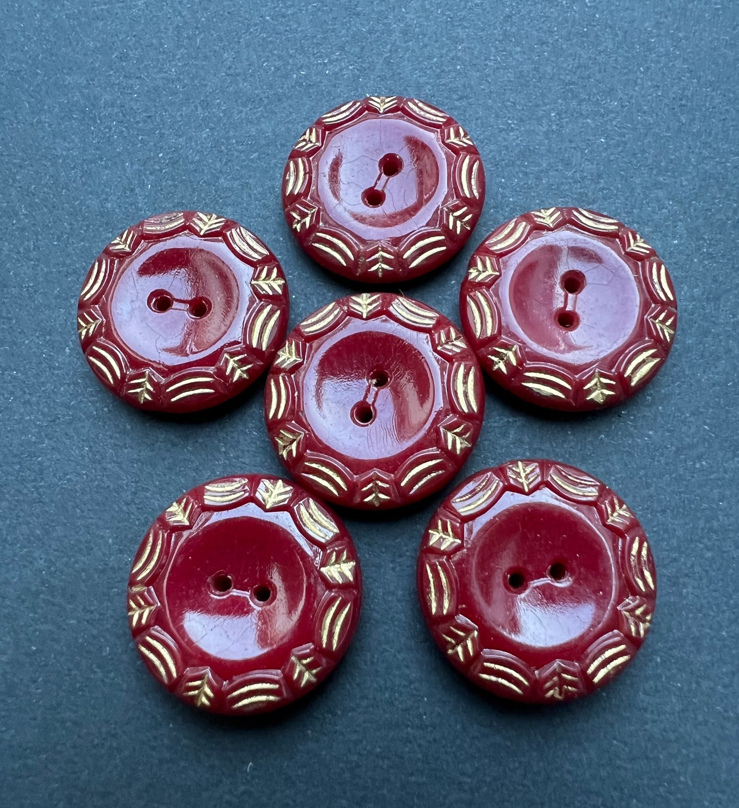 6 Glass Maroon with Gold Detail Vintage 1.8cm Buttons