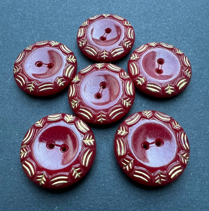 6 Glass Maroon with Gold Detail Vintage 1.8cm Buttons