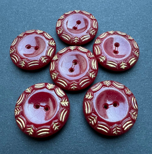 6 Glass Maroon with Gold Detail Vintage 1.8cm Buttons