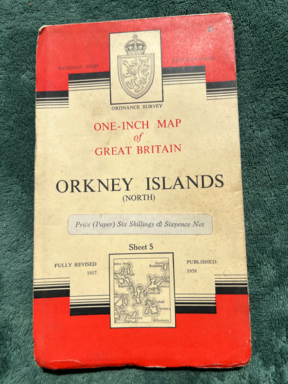 1950s One Inch ORDNANCE SURVEY Map of ORKNEY ISLANDS (NORTH) Sheet 5.