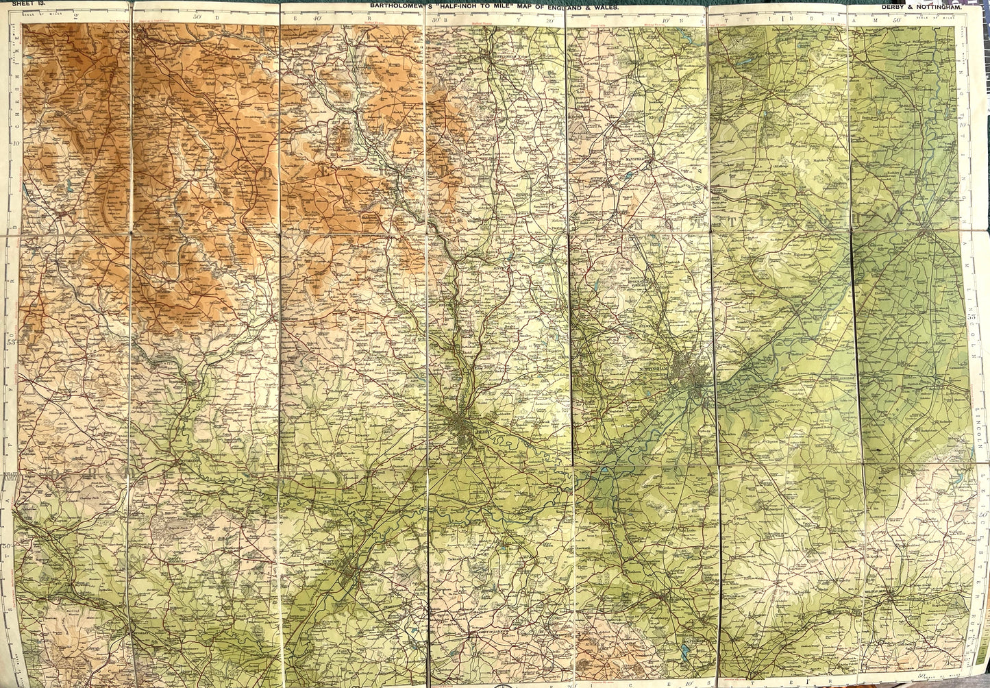 1920s Bartholomew's Dissected Cloth Map of DERBY and NOTTINGHAM Sheet 13