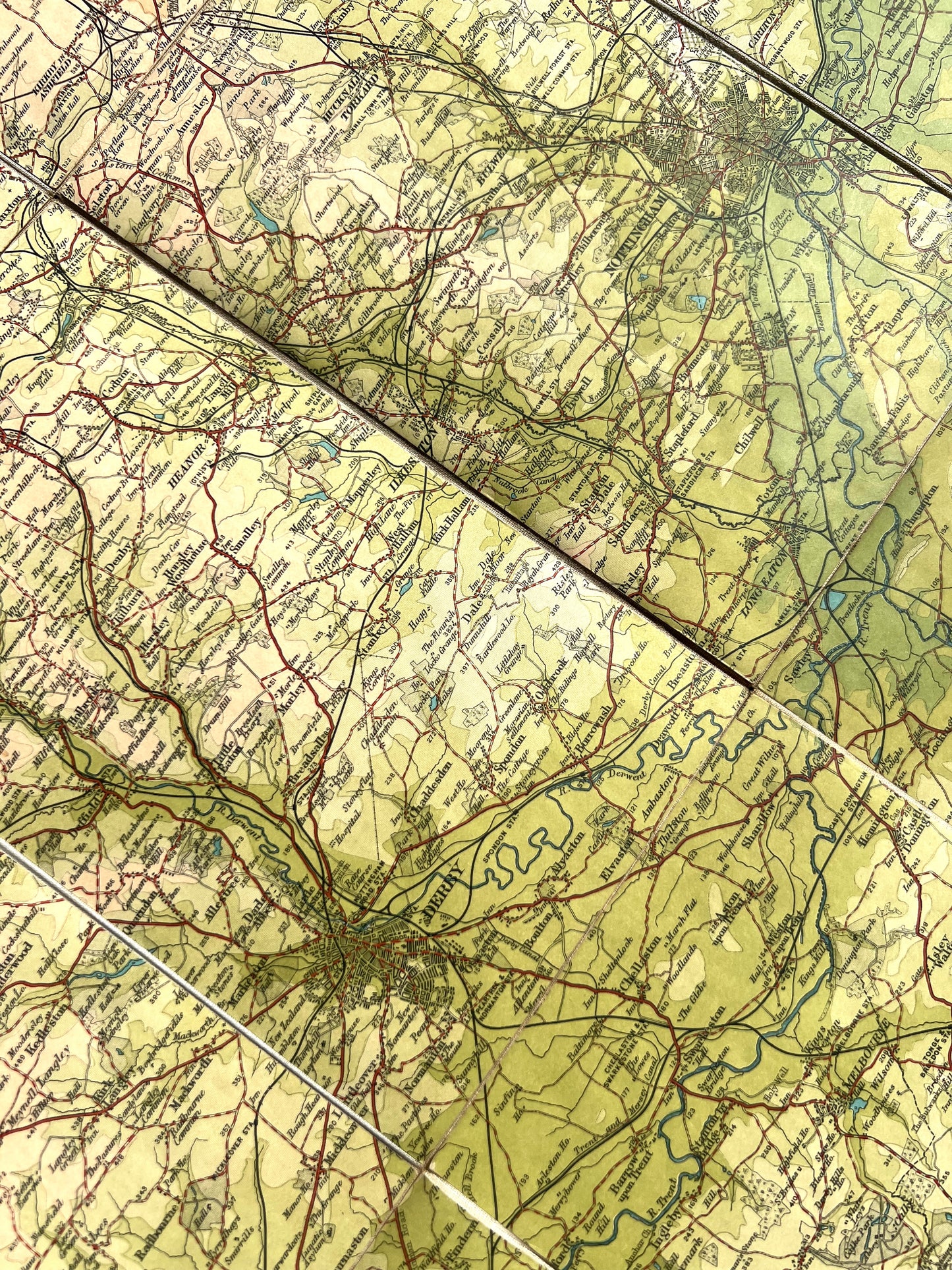 1920s Bartholomew's Dissected Cloth Map of DERBY and NOTTINGHAM Sheet 13