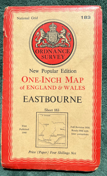 1940s One Inch ORDNANCE SURVEY Map of Eastbourne on Paper