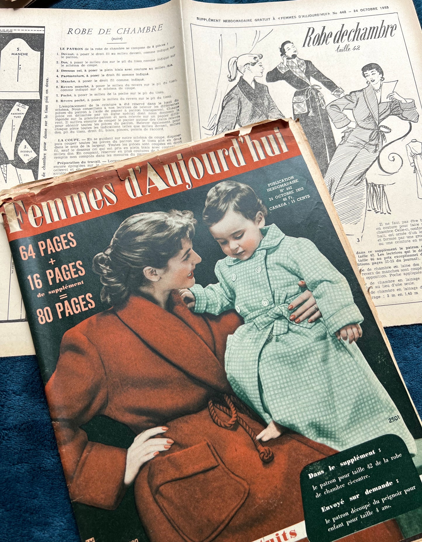 Nightwear and Needlework Patterns in October 1953 French Women's Magazine Femmes d'Aujourd'hui with Pattern