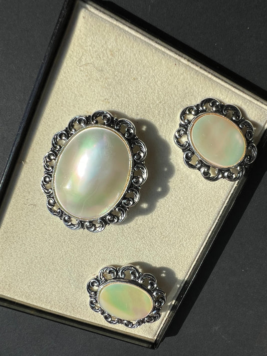 Shimmery Mother of Pearl Vintage Brooch and Clip-On Earring Sets