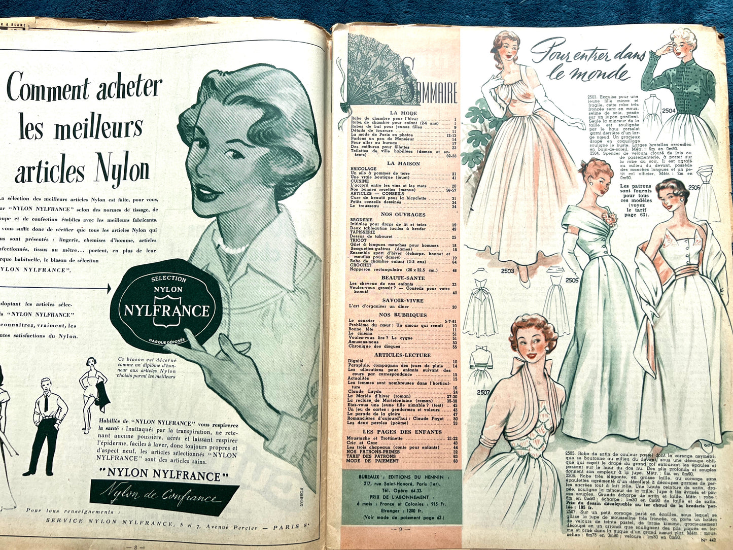 Nightwear and Needlework Patterns in October 1953 French Women's Magazine Femmes d'Aujourd'hui with Pattern