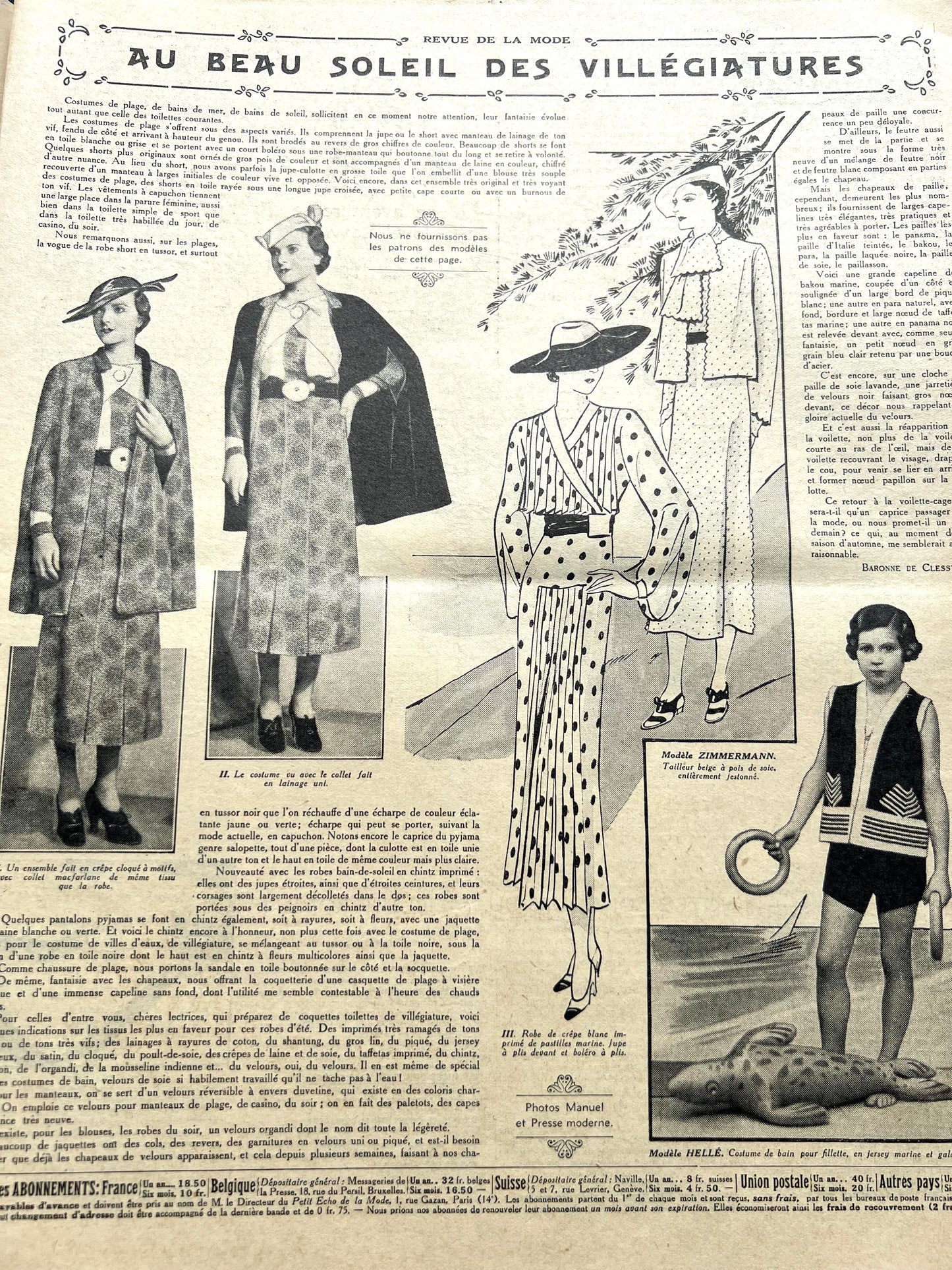1930s Summer Holiday Fashions in July 1935 French Fashion Paper Le Petit Echo de la Mode