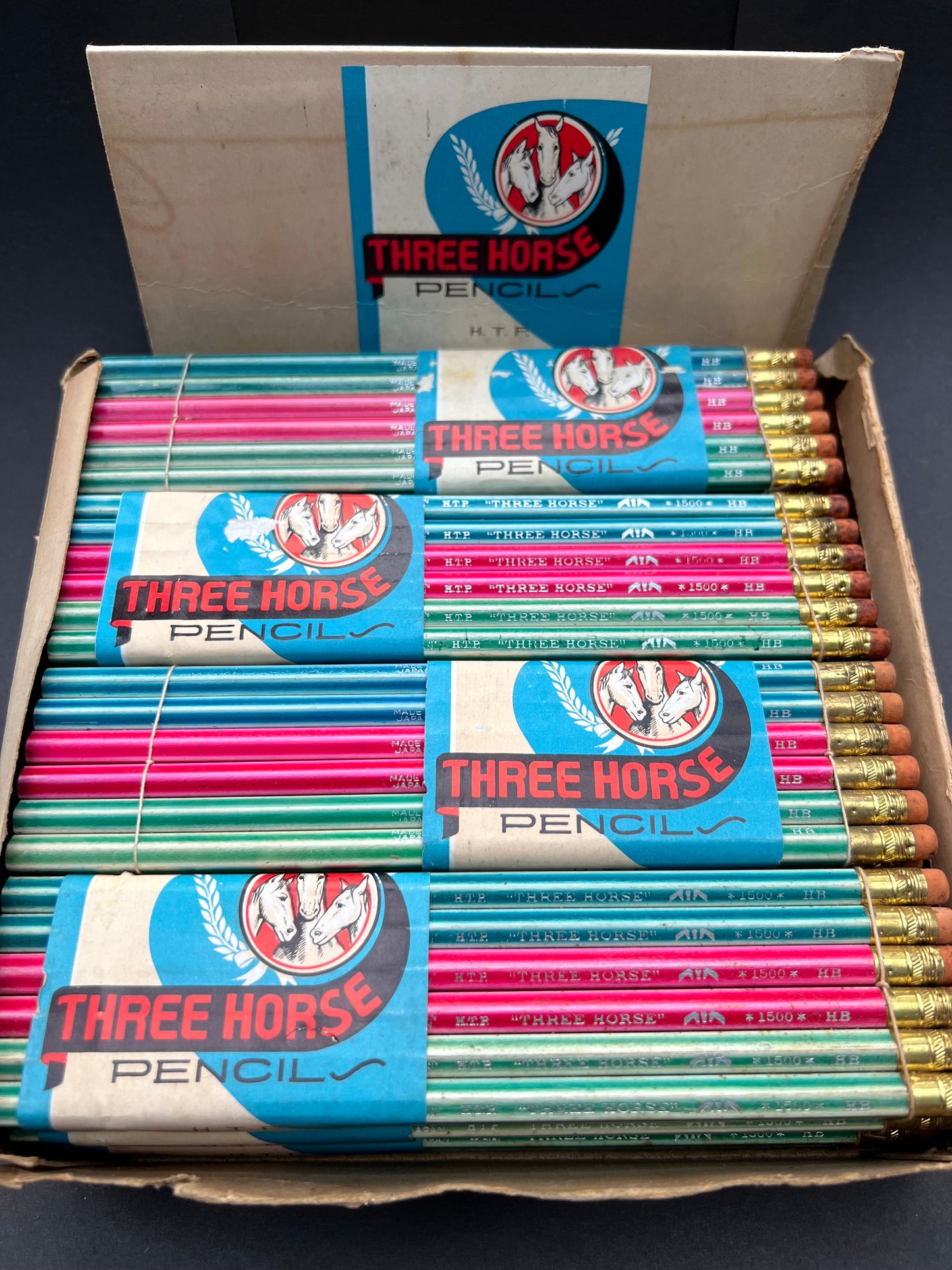 Vintage Box of 12 Bundles of 12 THREE HORSE HB Pencils Made in Japan.