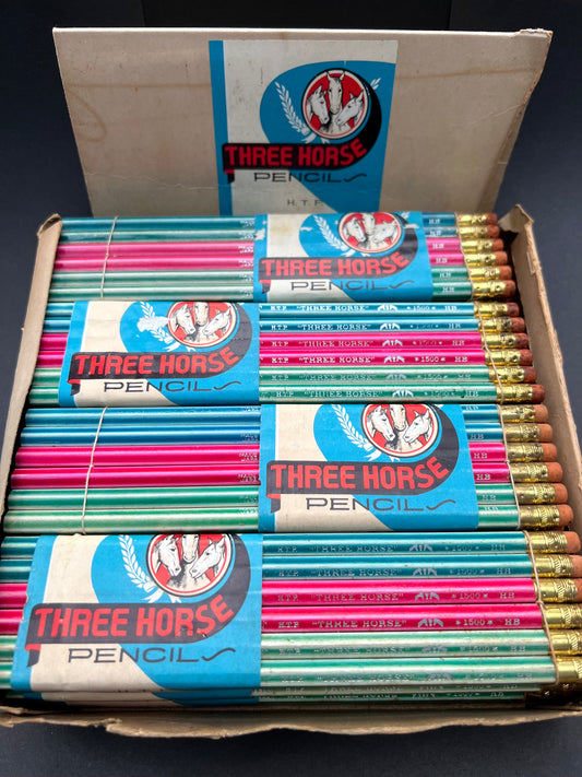 Vintage Box of 12 Bundles of 12 THREE HORSE HB Pencils Made in Japan.