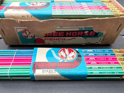 Vintage Box of 12 Bundles of 12 THREE HORSE HB Pencils Made in Japan.