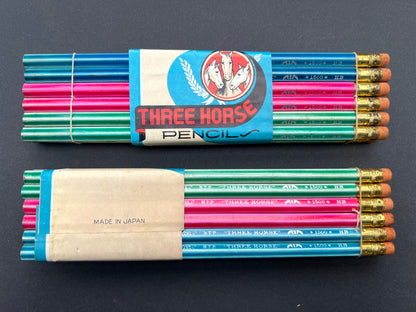 Vintage Box of 12 Bundles of 12 THREE HORSE HB Pencils Made in Japan.