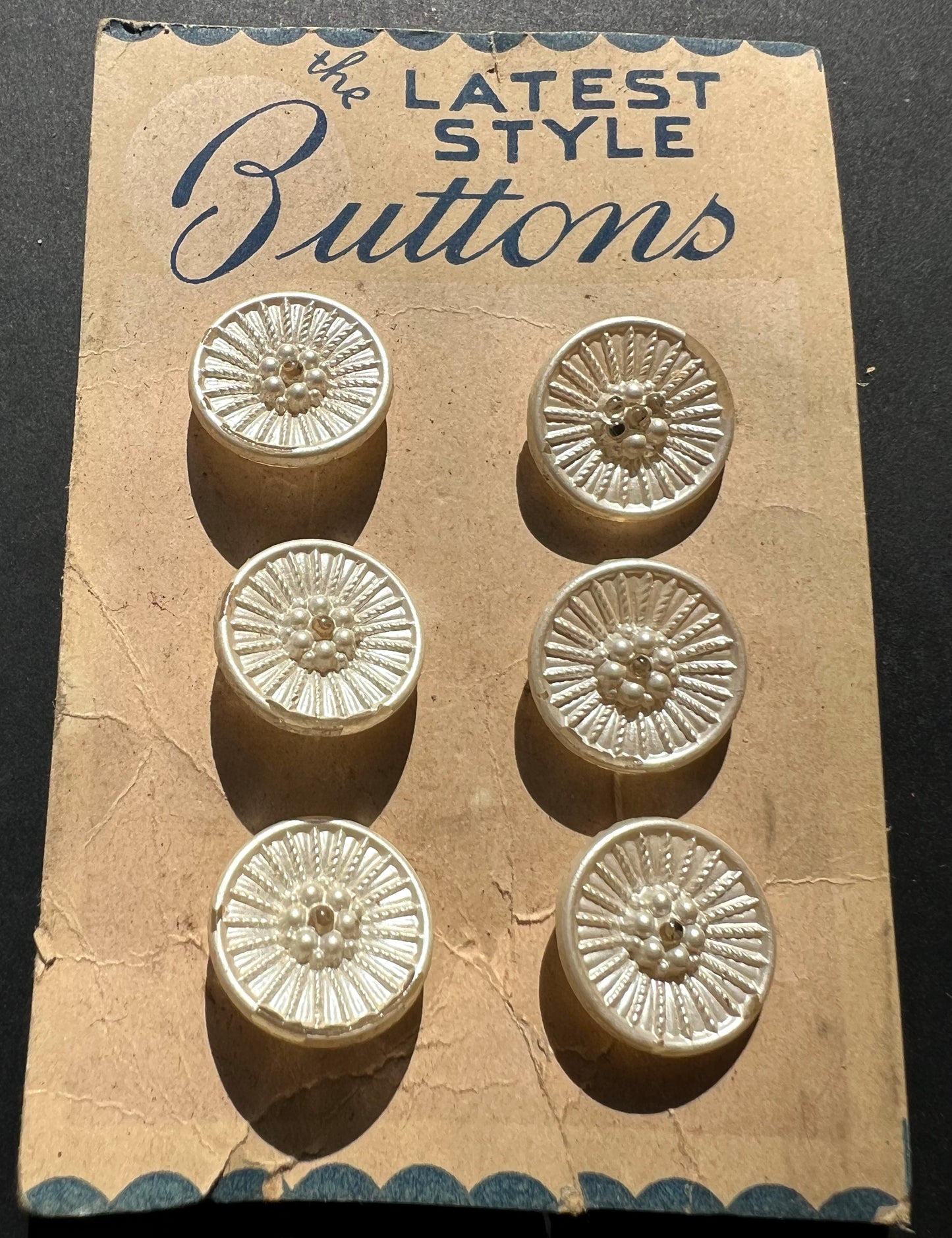 Vintage Sheet of 6 Glass 1.8cm Buttons (with paint wear)