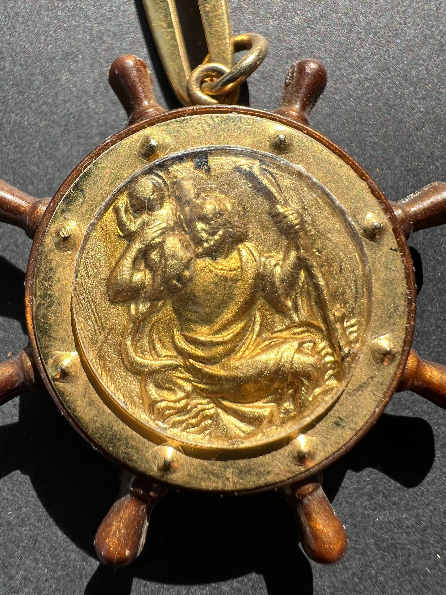 Vintage St Christopher on Ships Wheel Key Ring