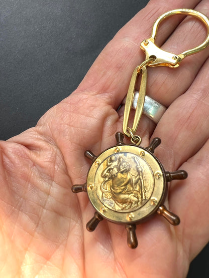 Vintage St Christopher on Ships Wheel Key Ring