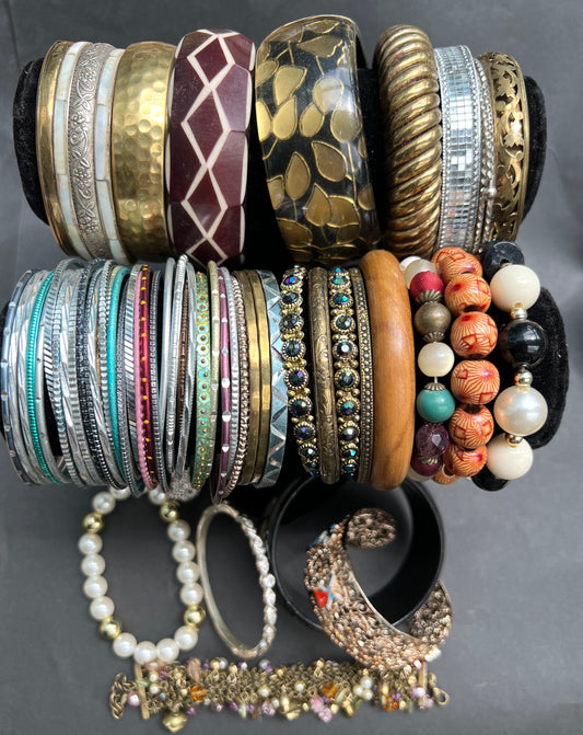 Job Lot of 55 Metal, Wood, Glass and Plastic Bangles